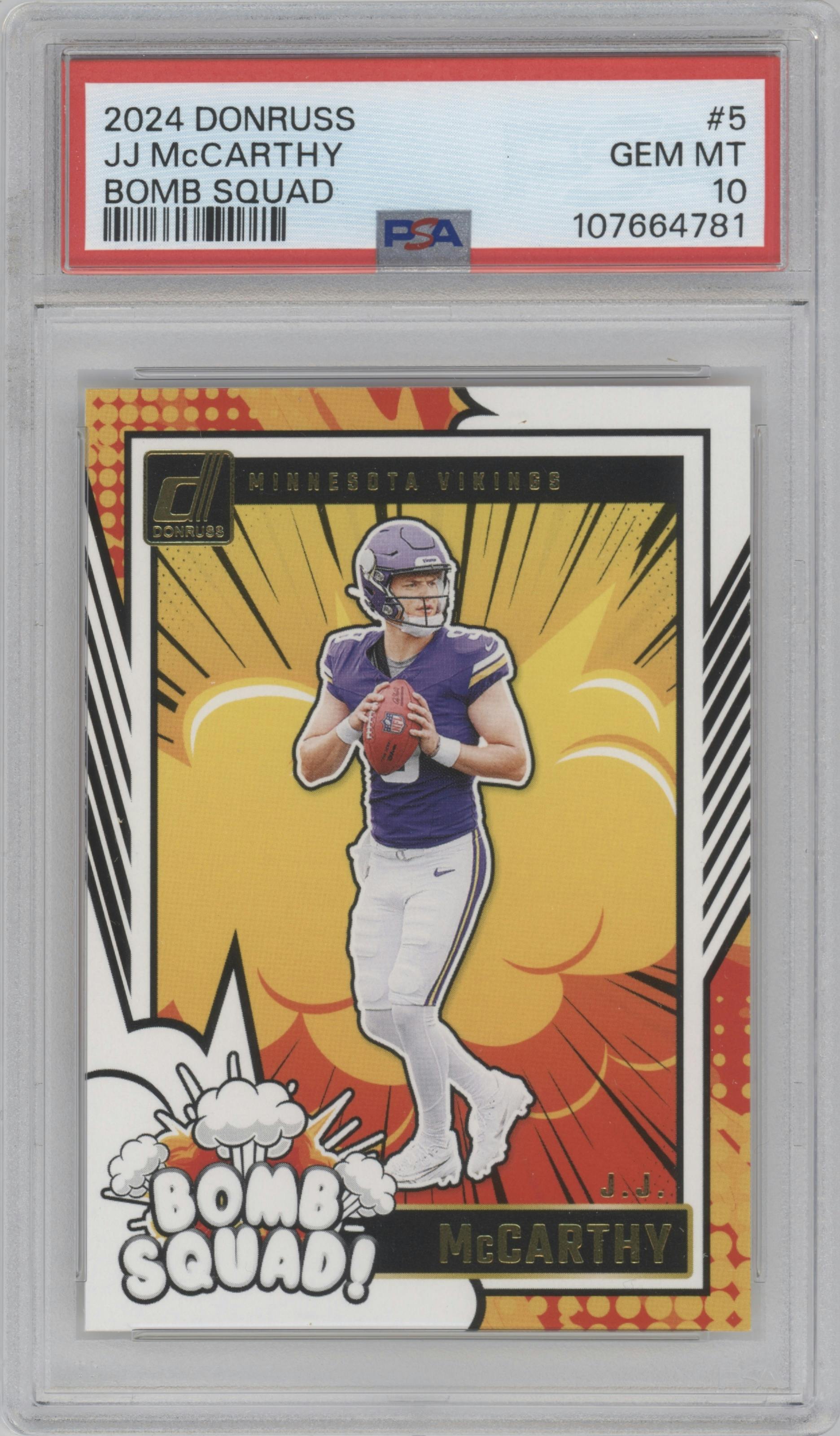 J.J. McCarthy from the 2024 Donruss set graded by PSA and given an overall grade of 10.