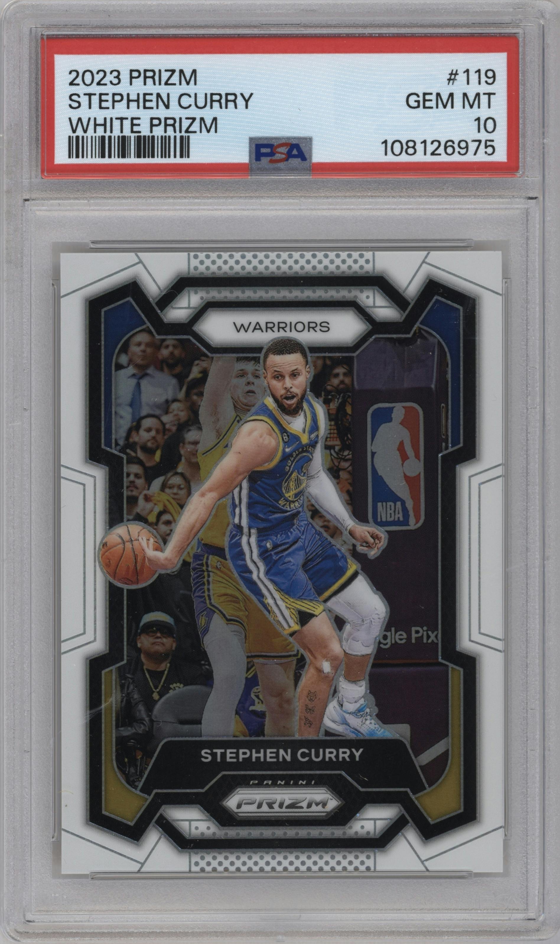 Stephen Curry from the 2023-24 Panini Prizm set featuring a White Prizm parallel graded by PSA and given an overall grade of 10.