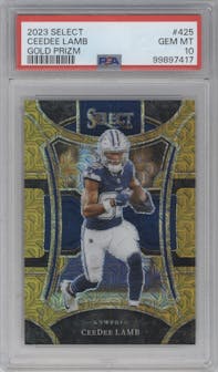CeeDee Lamb from the 2023 Panini Select set featuring a Gold Prizm parallel graded by PSA and given an overall grade of 10.