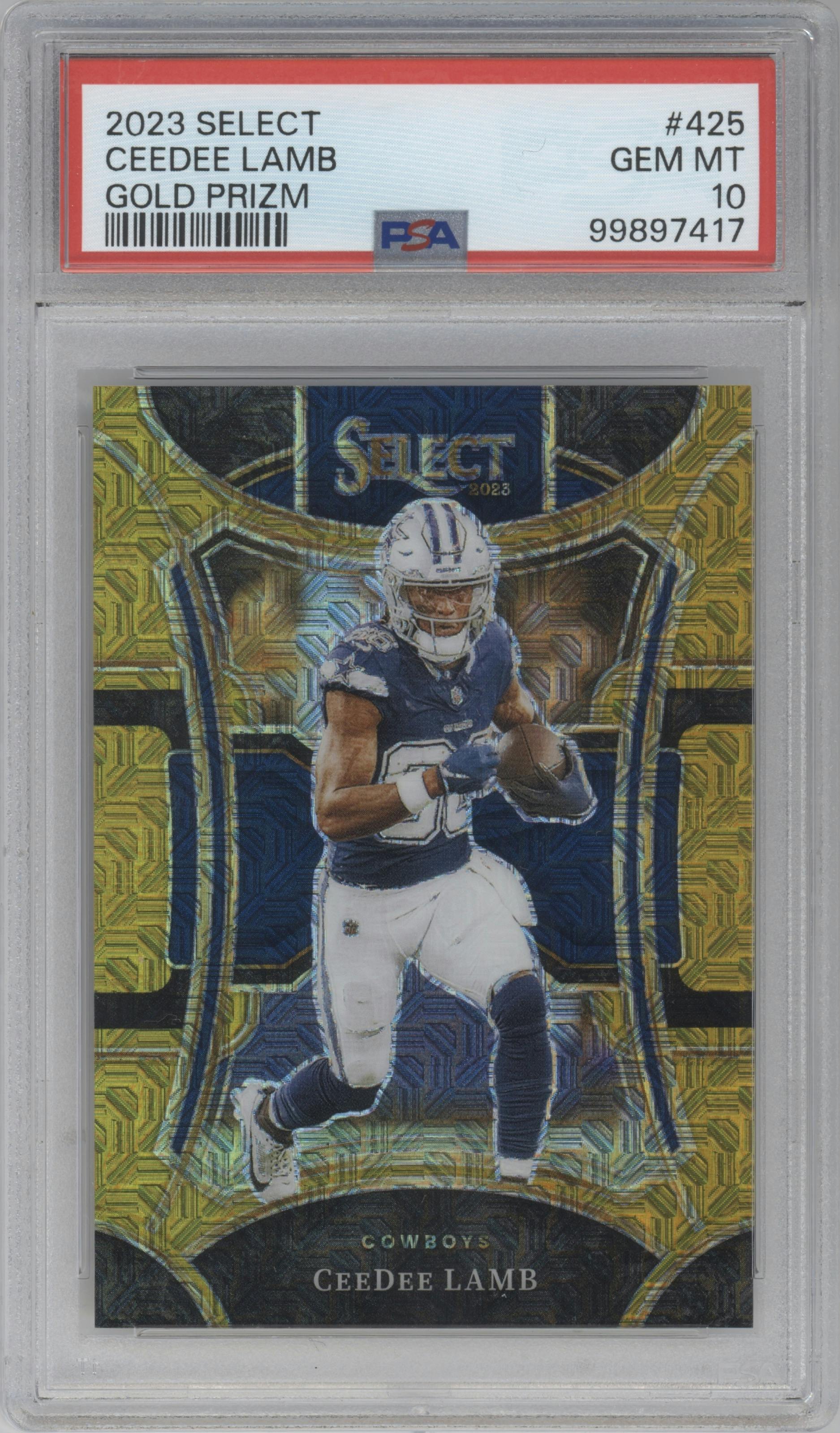 CeeDee Lamb from the 2023 Panini Select set featuring a Gold Prizm parallel graded by PSA and given an overall grade of 10.