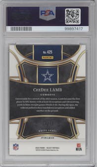 CeeDee Lamb from the 2023 Panini Select set featuring a Gold Prizm parallel graded by PSA and given an overall grade of 10.