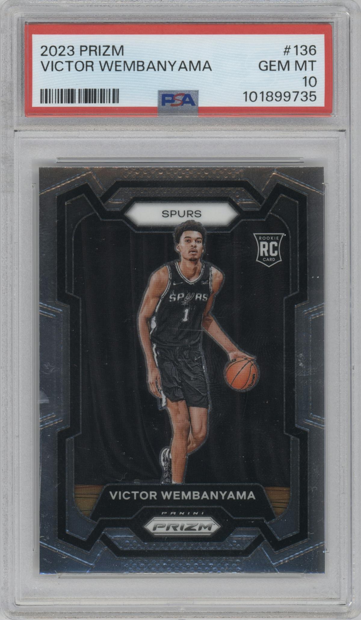 Victor Wembanyama from the 2023-24 Panini Prizm set graded by PSA and given an overall grade of 10.