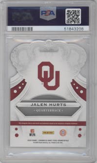 Jalen Hurts from the 2020 Panini Chronicles Draft Picks  set featuring a Mirror Blue parallel graded by PSA and given an overall grade of 10.