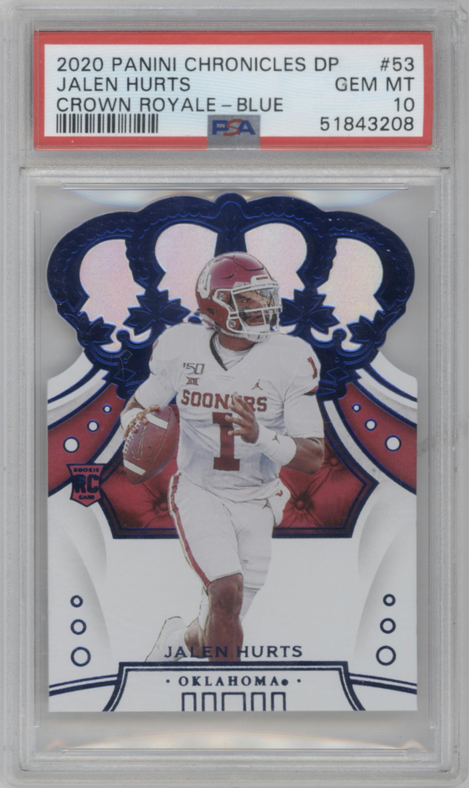 Jalen Hurts from the 2020 Panini Chronicles Draft Picks  set featuring a Mirror Blue parallel graded by PSA and given an overall grade of 10.