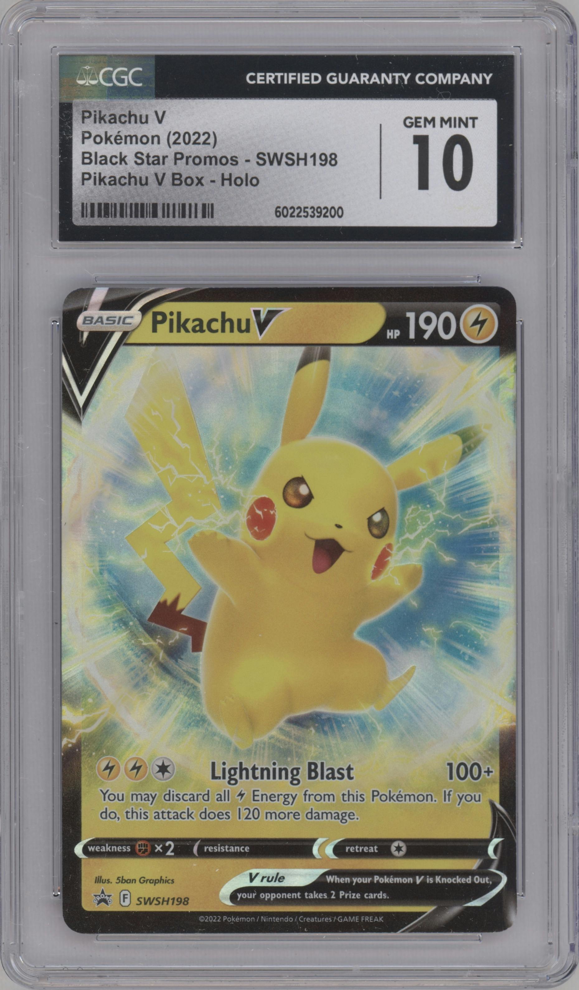 Pikachu V from the 2022 Pokemon SWSH set featuring a Pikachu V Box parallel graded by CSG and given an overall grade of 10.
