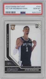 Victor Wembanyama from the 2023-24 Panini Instant NBA set graded by PSA and given an overall grade of 10.