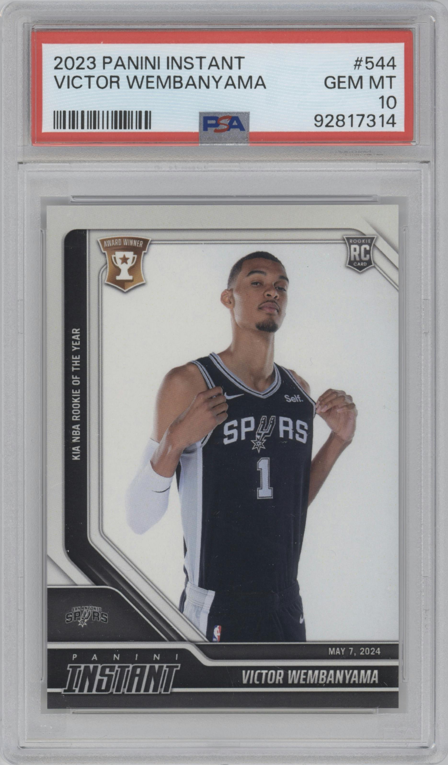Victor Wembanyama from the 2023-24 Panini Instant NBA set graded by PSA and given an overall grade of 10.