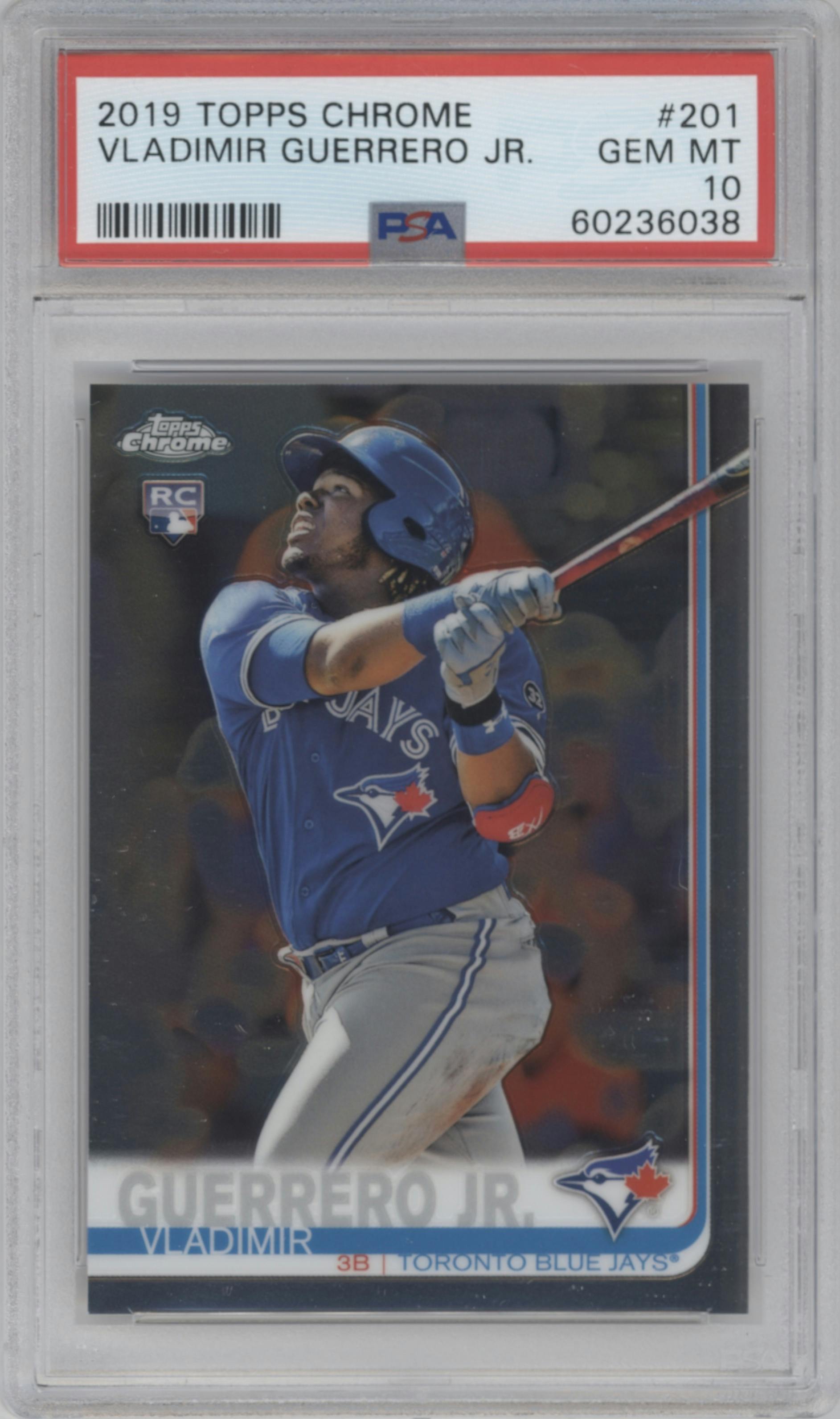Vladimir Guerrero Jr. from the 2019 Topps Chrome set graded by PSA and given an overall grade of 10.