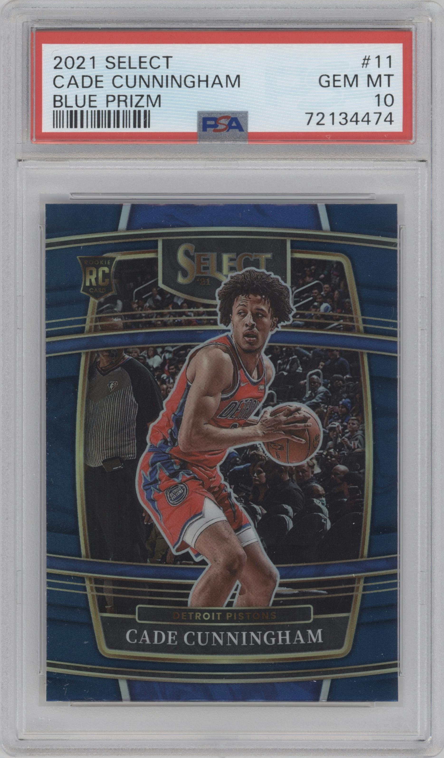 Cade Cunningham from the 2021-22 Panini Select set featuring a Blue Prizm parallel graded by PSA and given an overall grade of 10.