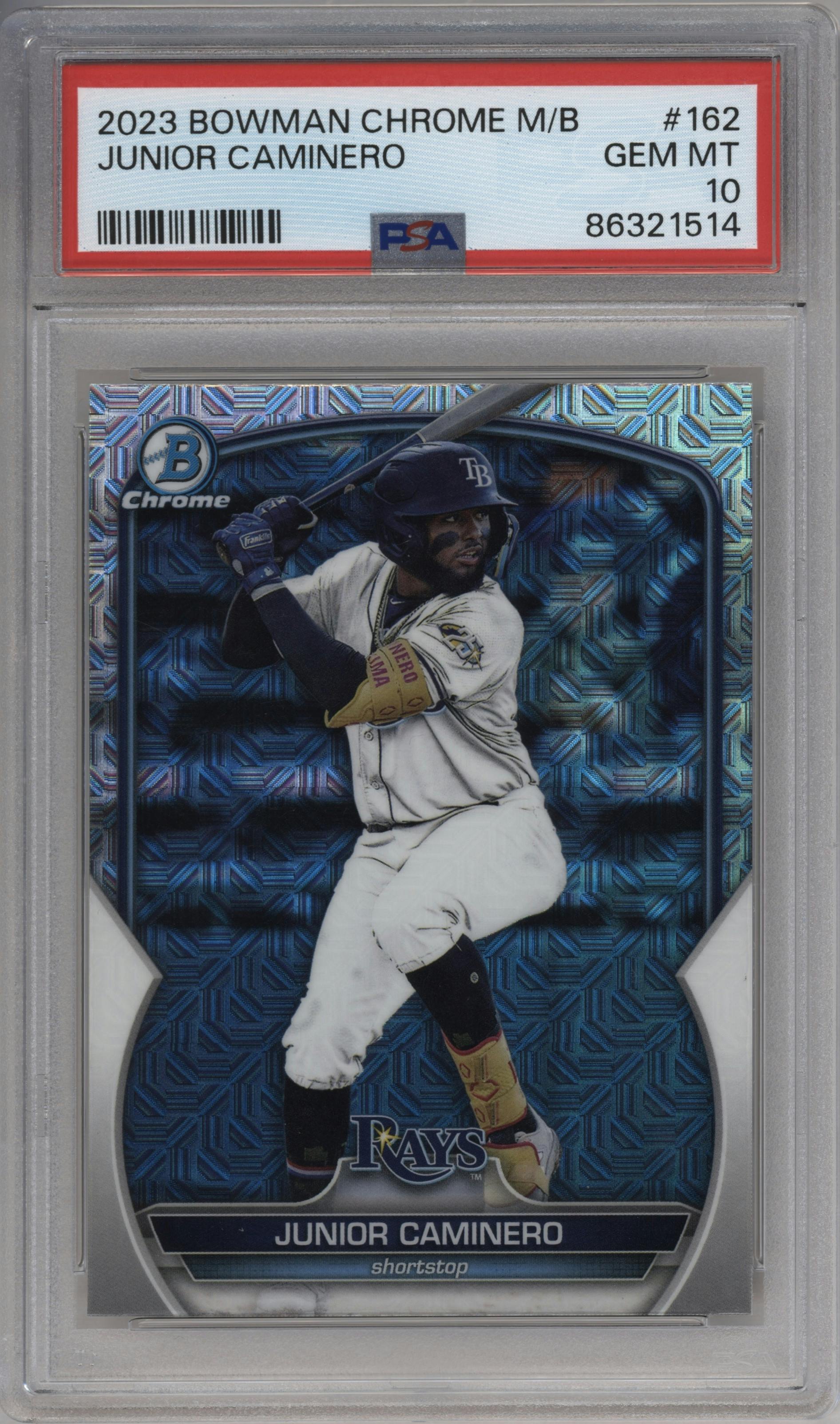 Junior Caminero from the 2023 Bowman Chrome Mega Box set graded by PSA and given an overall grade of 10.