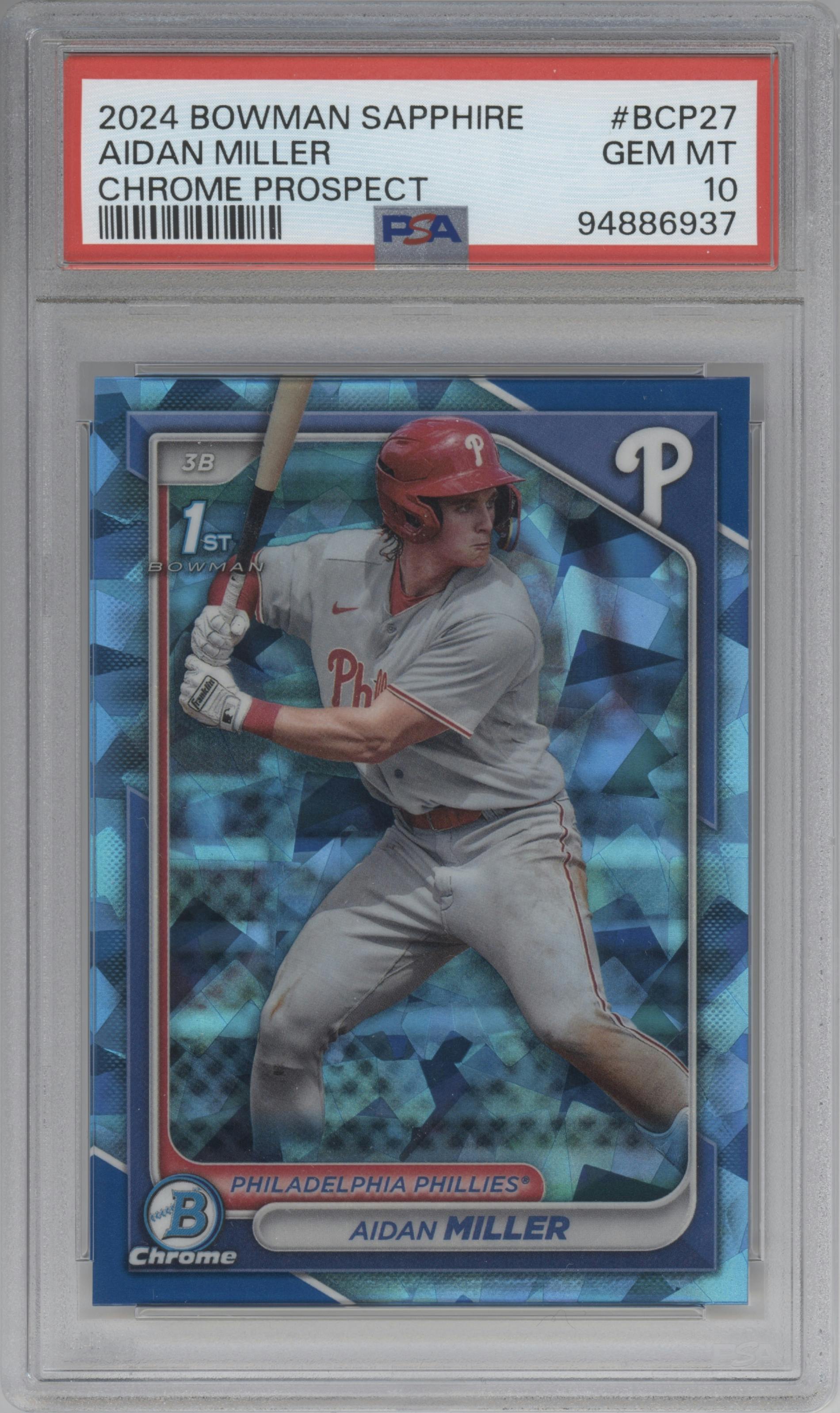 Aidan Miller from the 2024 Bowman Sapphire Edition set graded by PSA and given an overall grade of 10.