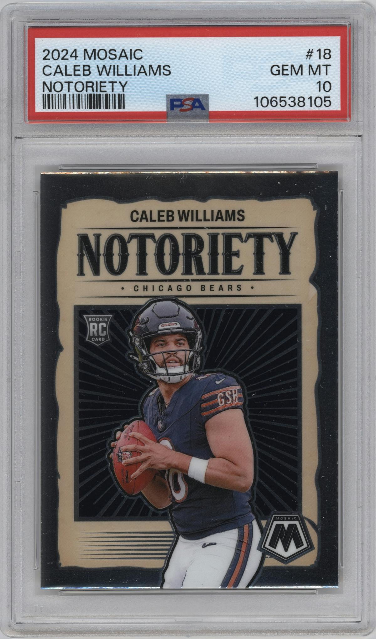 Caleb Williams from the 2024 Panini Mosaic set graded by PSA and given an overall grade of 10.