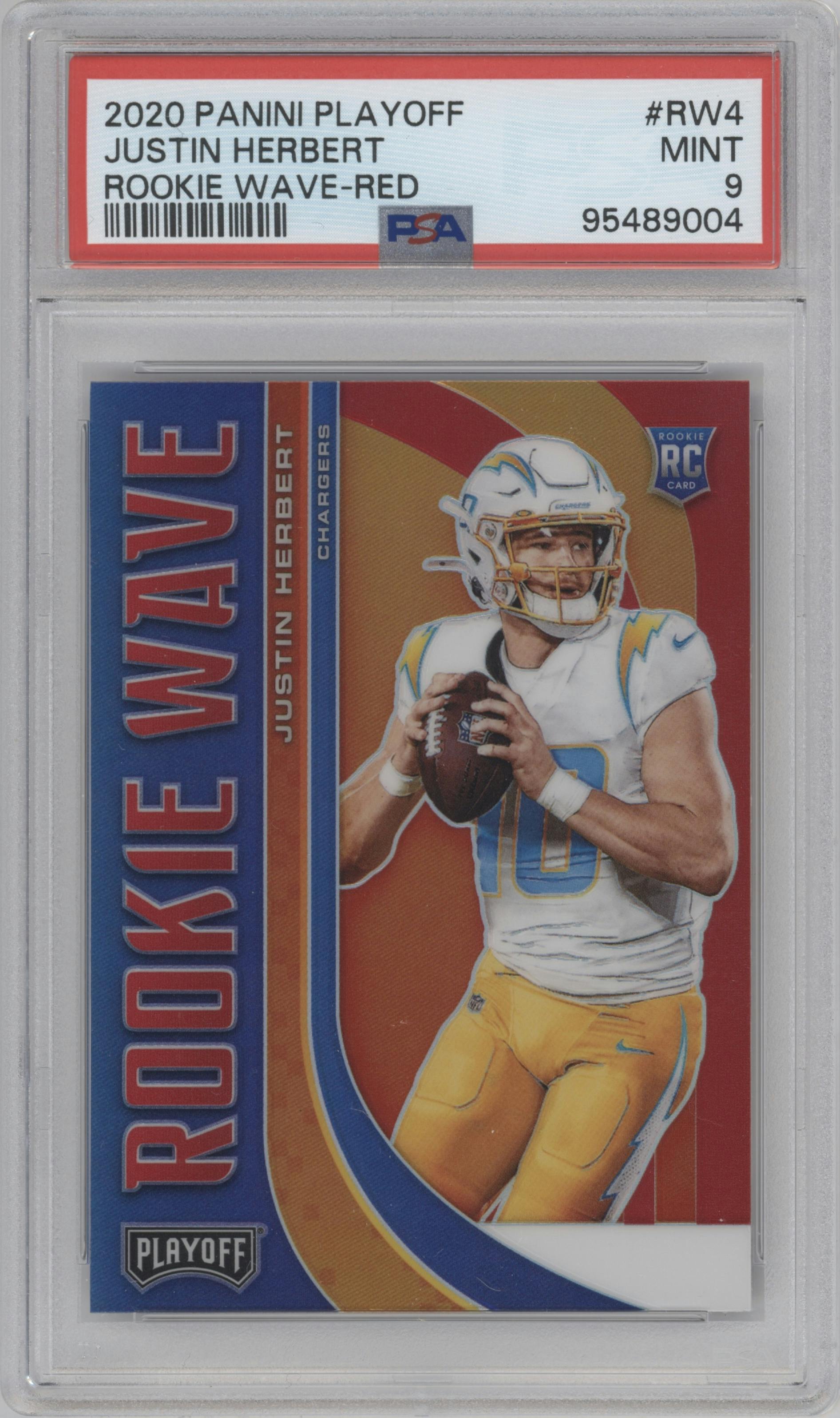 Justin Herbert from the 2020 Panini Playoff set featuring a Red parallel graded by PSA and given an overall grade of 9.
