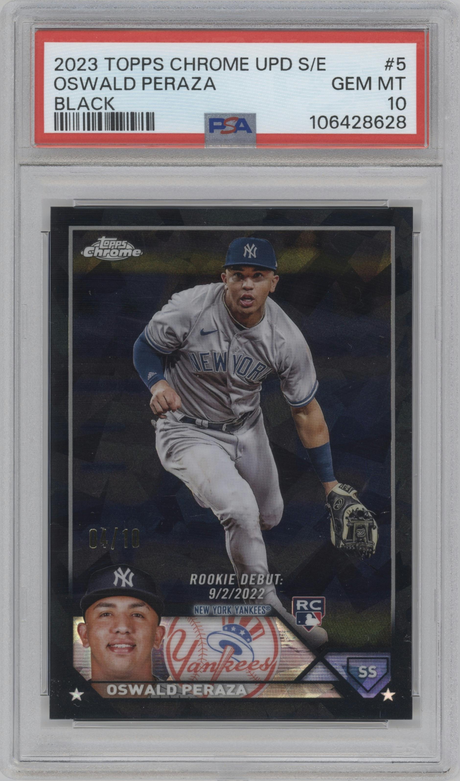 Oswald Peraza from the 2023 Topps Chrome Update Series Sapphire Edition set featuring a  Black parallel graded by PSA and given an overall grade of 10.