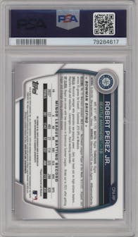 Robert Perez Jr. from the 2023 Bowman  set featuring a Blue Lunar Crater Refractor parallel graded by PSA and given an overall grade of 9.