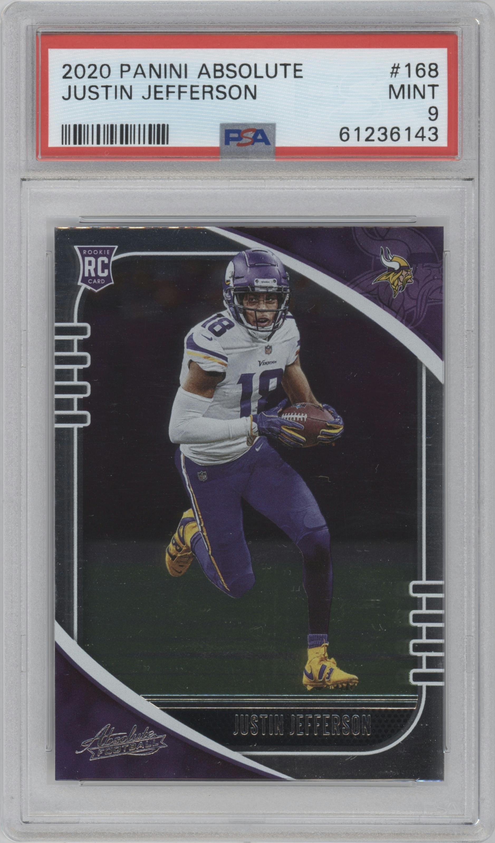 Justin Jefferson from the 2020 Panini Absolute set graded by PSA and given an overall grade of 9.