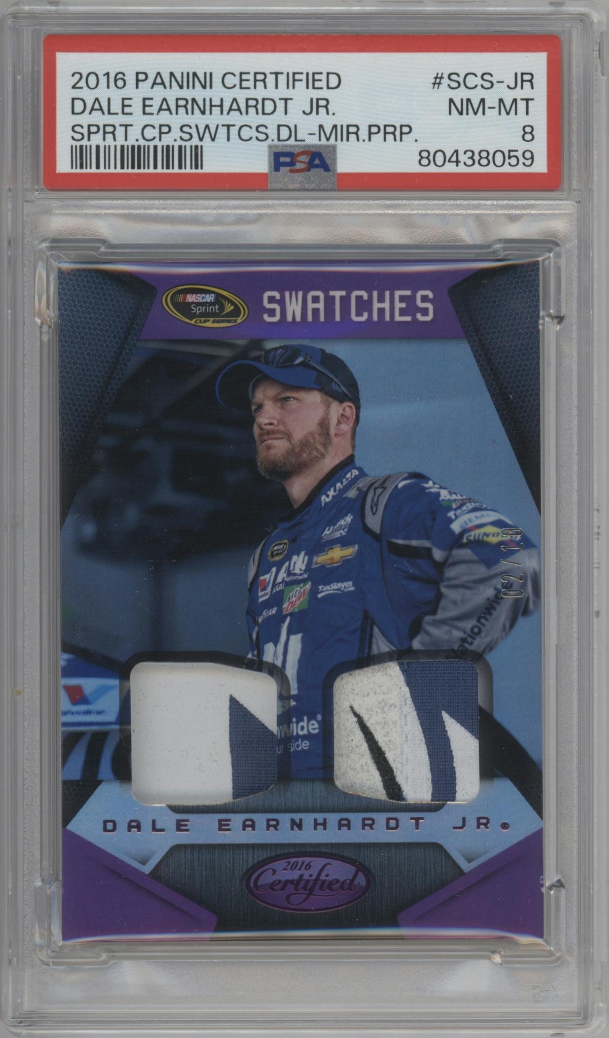 Dale Earnhardt Jr from the 2016 Panini Certified NASCAR set featuring a Mirror Purple parallel graded by PSA and given an overall grade of 8.