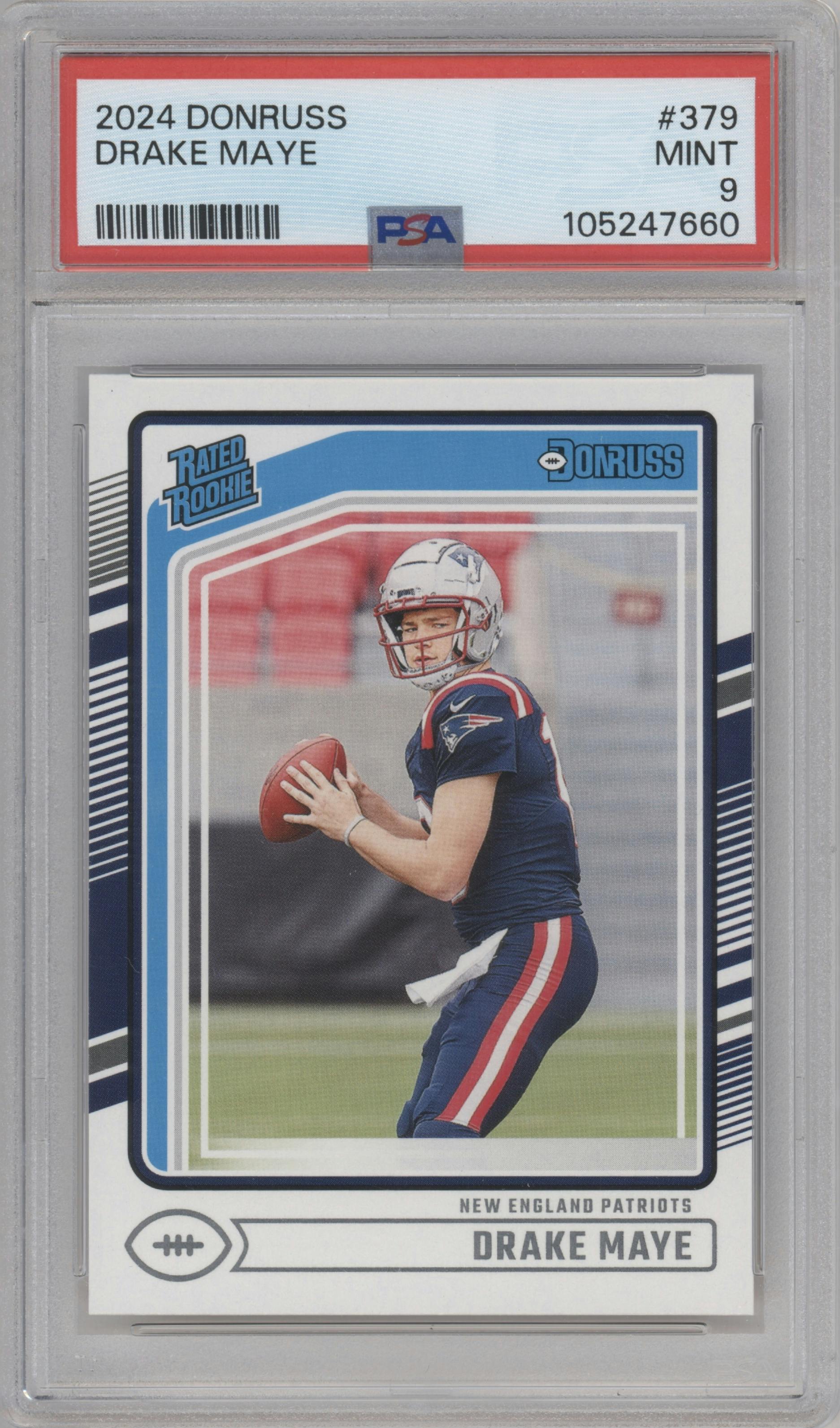 Drake Maye from the 2024 Donruss set graded by PSA and given an overall grade of 9.