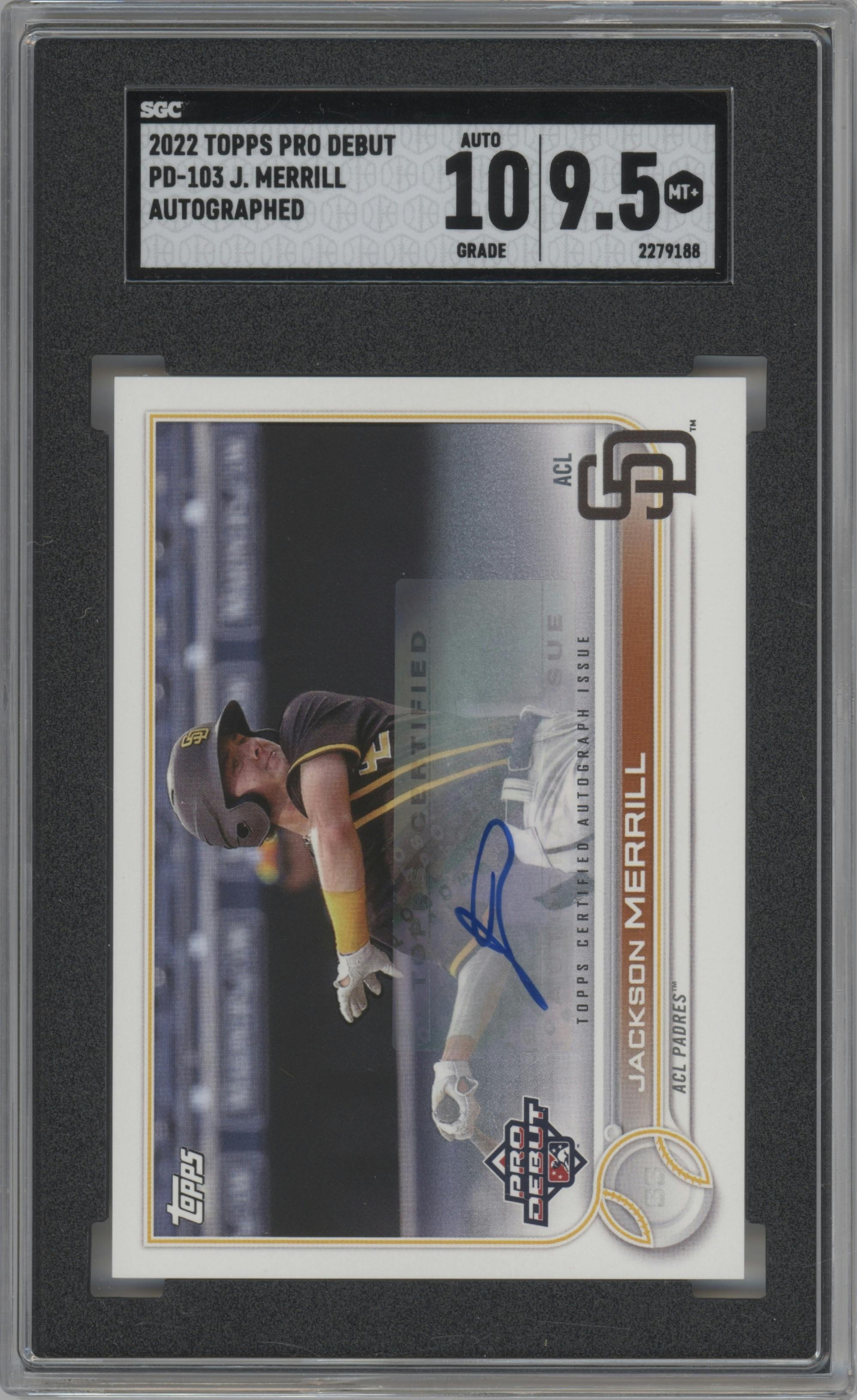 Jackson Merrill from the 2022 Topps Pro Debut set graded by SGC and given an overall grade of 9.5.