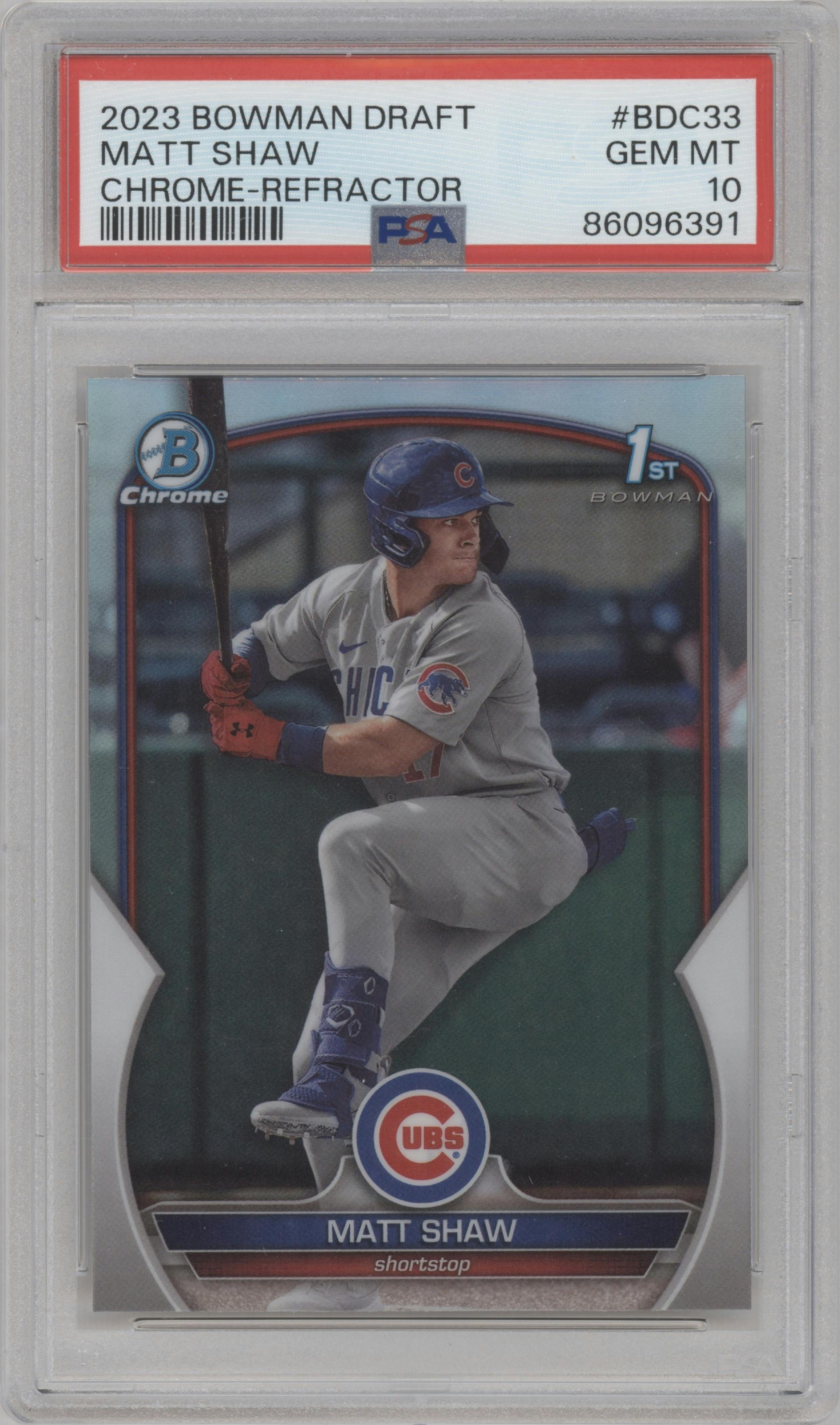 Matt Shaw from the 2023 Bowman Draft set featuring a Refractor parallel graded by PSA and given an overall grade of 10.