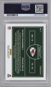 Patrick Mahomes II/Travis Kelce from the 2024 Donruss set graded by PSA and given an overall grade of 9.