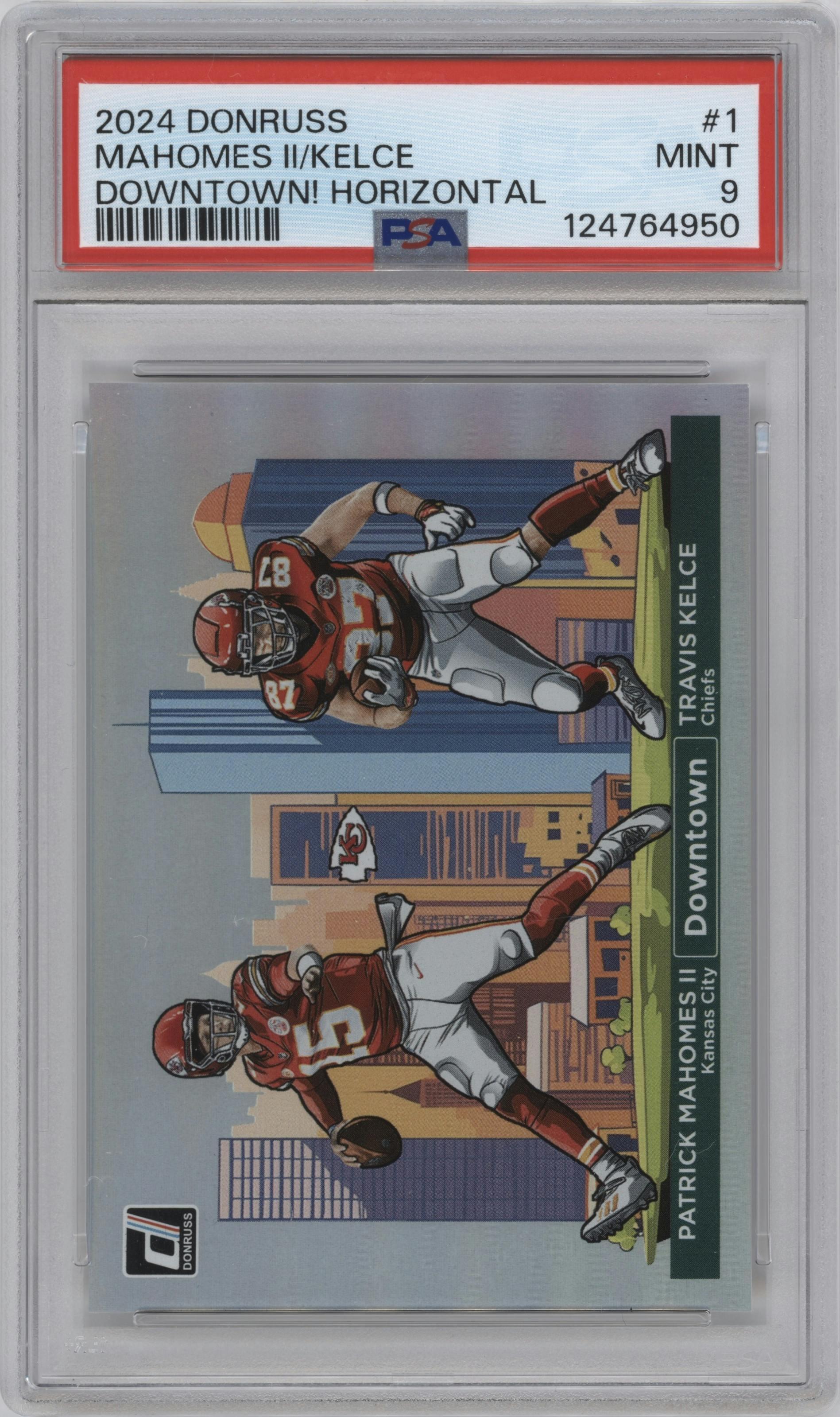 Patrick Mahomes II/Travis Kelce from the 2024 Donruss set graded by PSA and given an overall grade of 9.