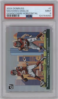 Patrick Mahomes II/Travis Kelce from the 2024 Donruss set graded by PSA and given an overall grade of 9.