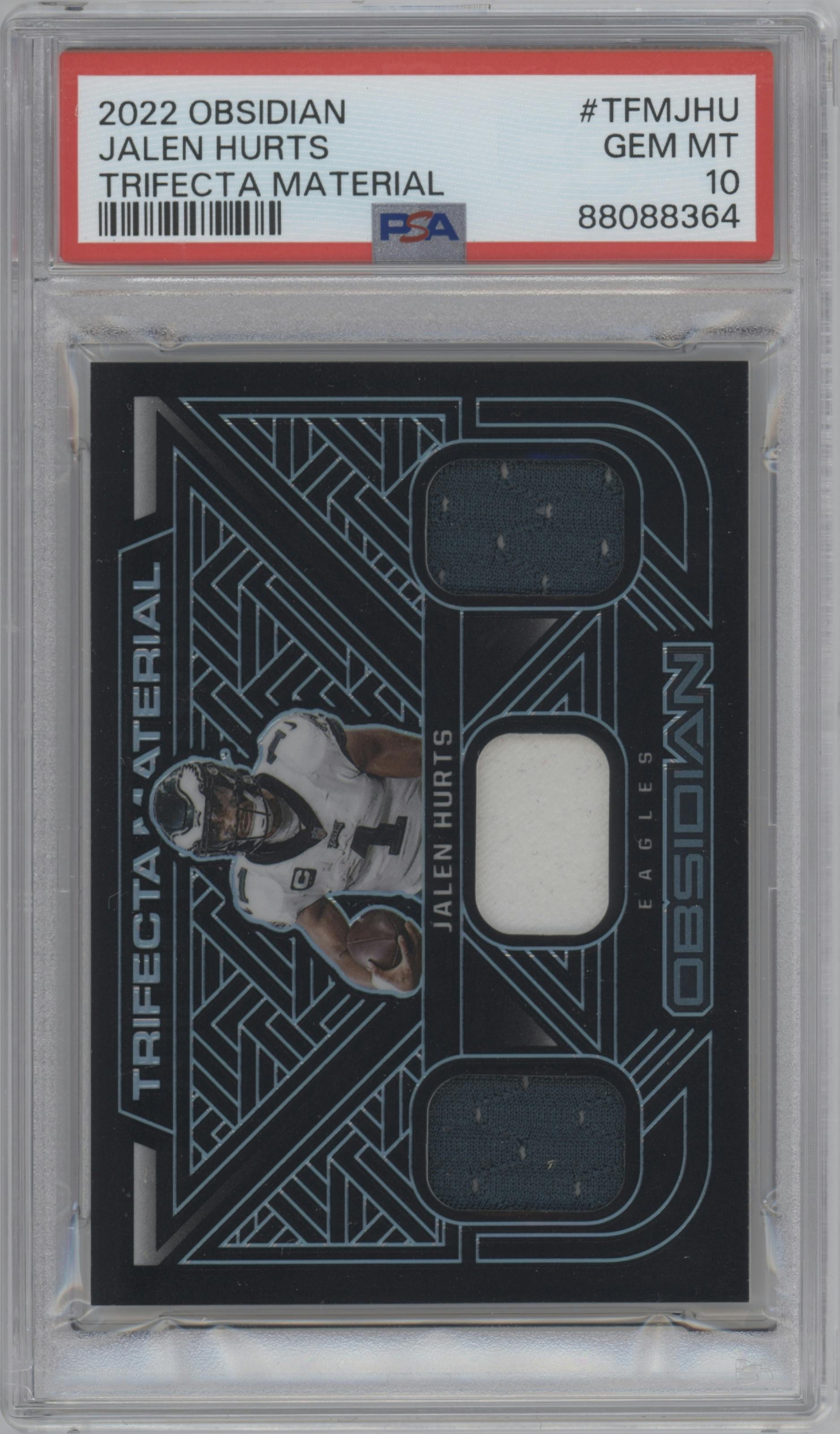 Jalen Hurts from the 2022 Panini Obsidian set graded by PSA and given an overall grade of 10.