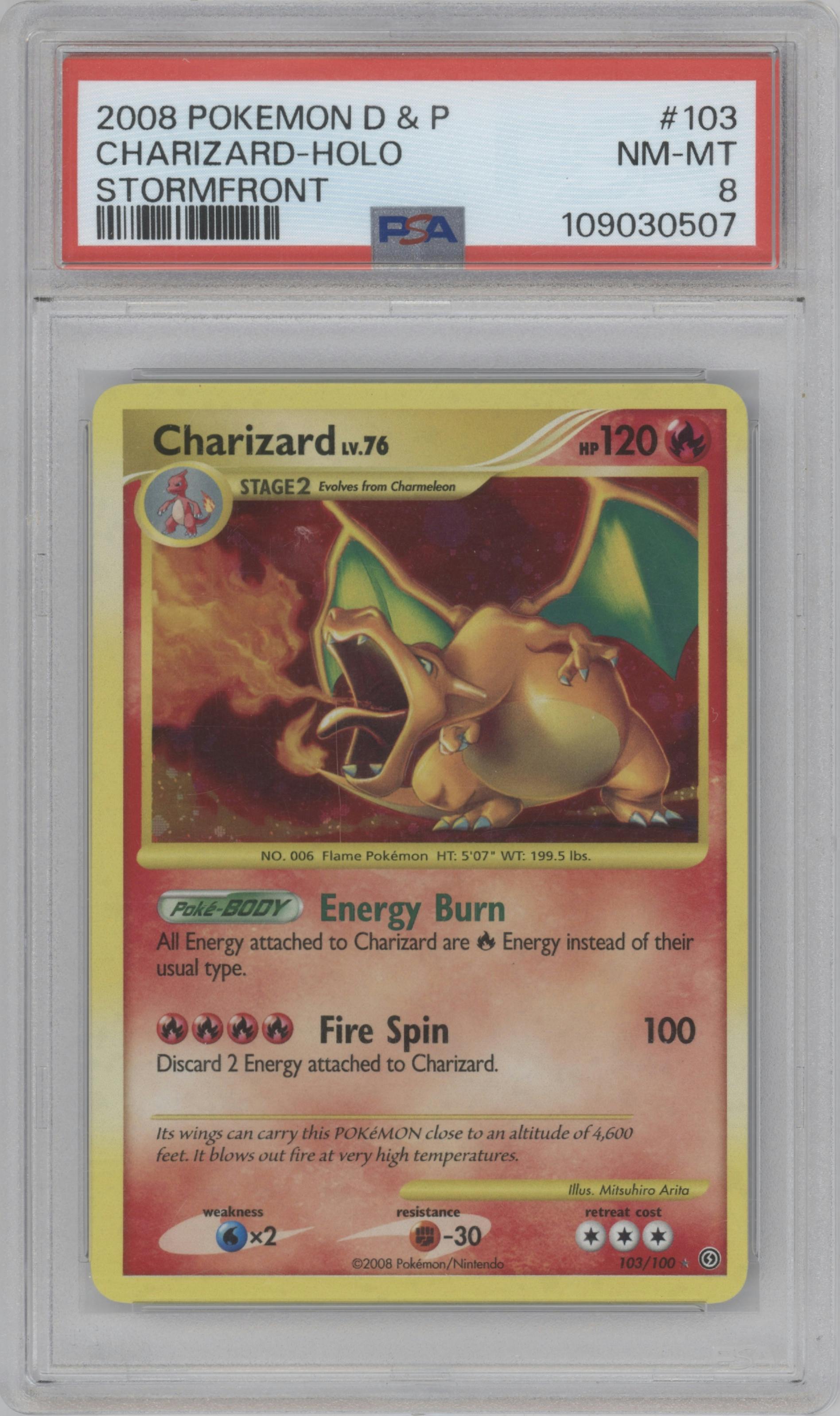 Charizard from the 2008 Pokemon D&P set graded by PSA and given an overall grade of 8.