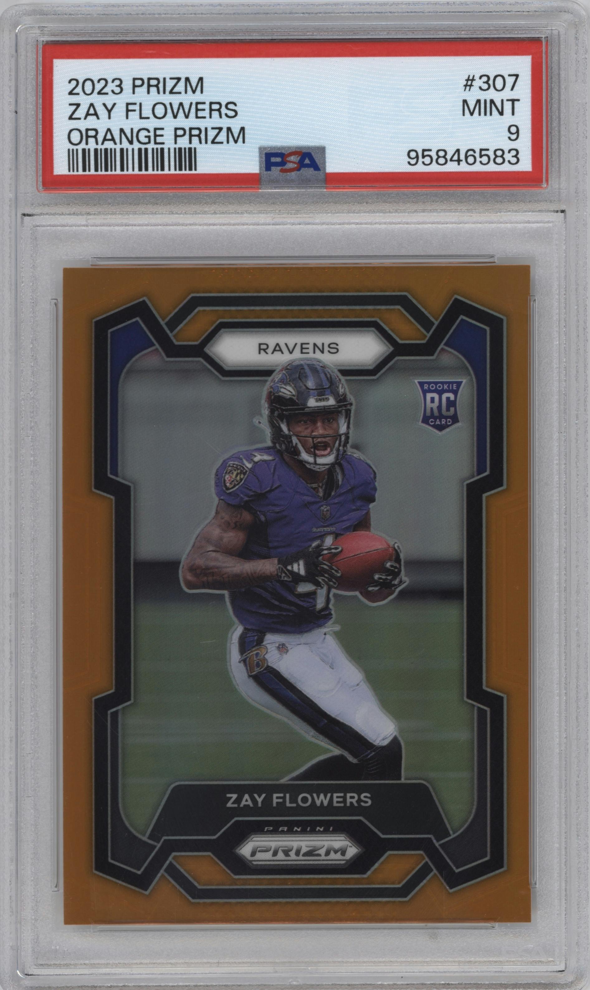 Zay Flowers  from the 2023 Panini Prizm set featuring a Orange Prizm parallel graded by PSA and given an overall grade of 9.