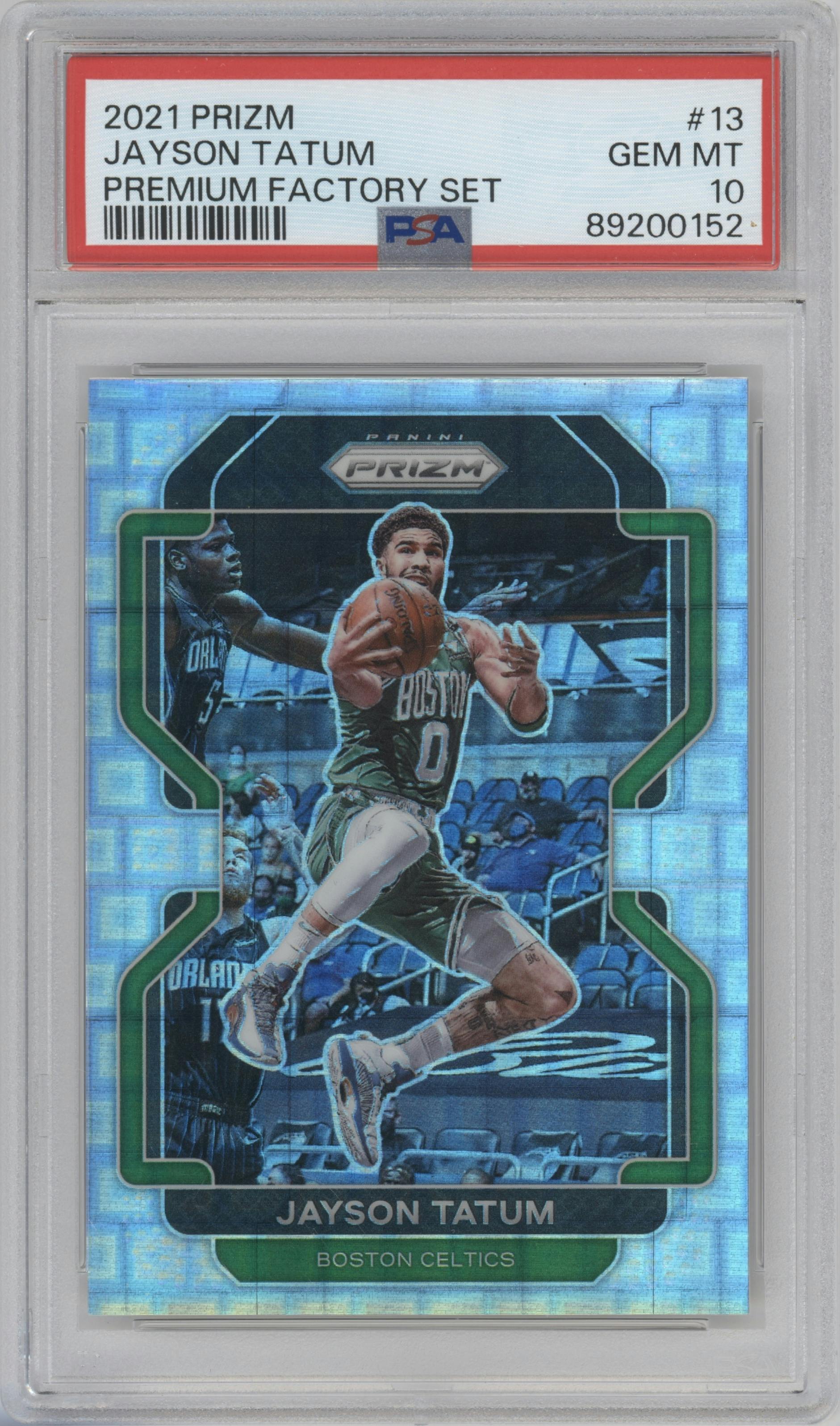 Jayson Tatum from the 2021-22 Panini Prizm  set featuring a Premium Factory Set parallel graded by PSA and given an overall grade of 10.