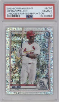 Jordan Walker from the 2020 Bowman Draft set featuring a Sparkle Refractor  parallel graded by PSA and given an overall grade of 10.