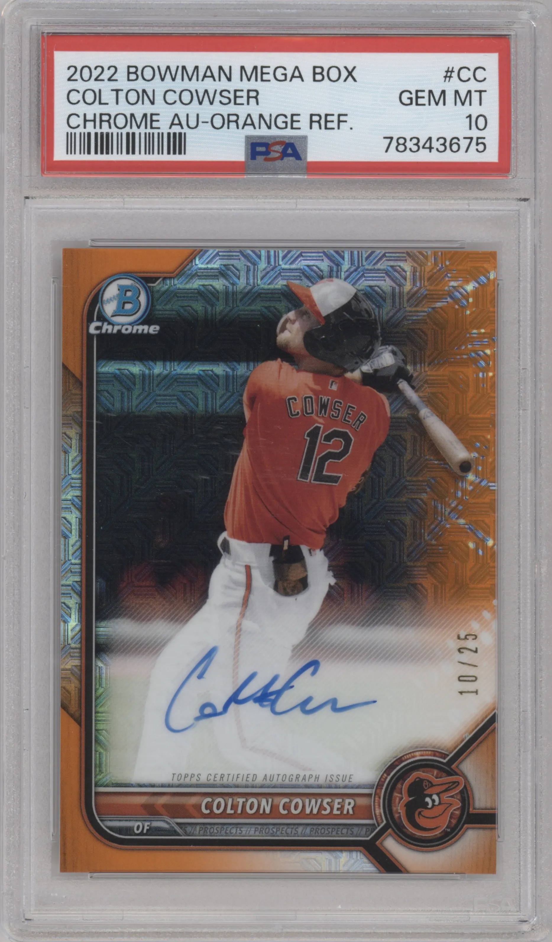 Colton Cowser from the 2022 Bowman Mega Box set featuring a Orange Refractor parallel graded by PSA and given an overall grade of 10.