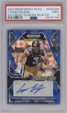 Cooper DeJean from the 2024 Panini Prizm Draft Picks set featuring a Blue Ice parallel graded by PSA and given an overall grade of 9.