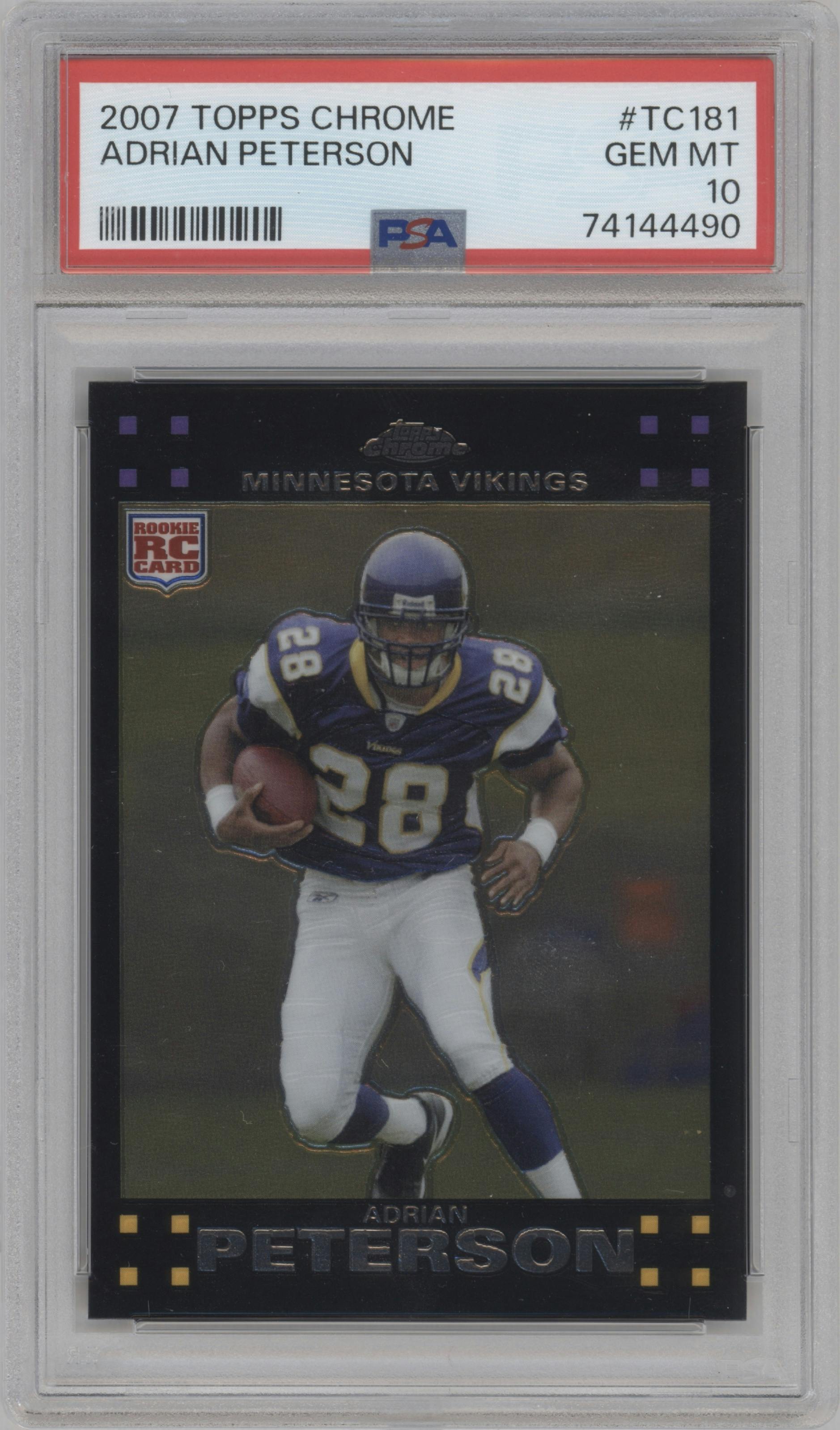 Adrian Peterson from the 2007 Topps Chrome set graded by PSA and given an overall grade of 10.