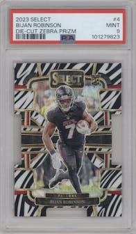 Bijan Robinson from the 2023 Panini Select set featuring a Die-Cut Zebra Prizm parallel graded by PSA and given an overall grade of 9.