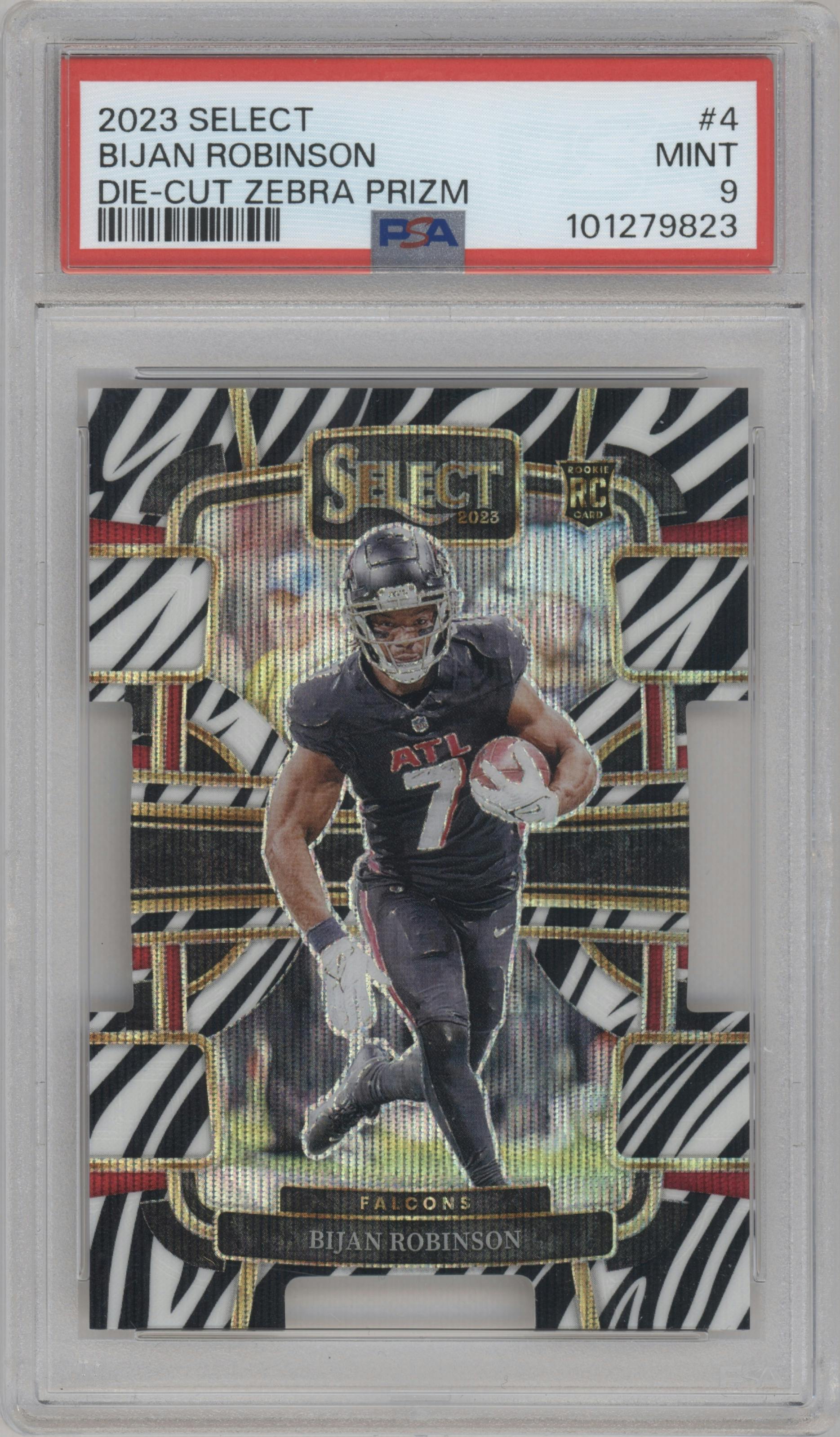 Bijan Robinson from the 2023 Panini Select set featuring a Die-Cut Zebra Prizm parallel graded by PSA and given an overall grade of 9.
