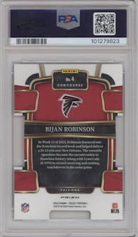 Bijan Robinson from the 2023 Panini Select set featuring a Die-Cut Zebra Prizm parallel graded by PSA and given an overall grade of 9.