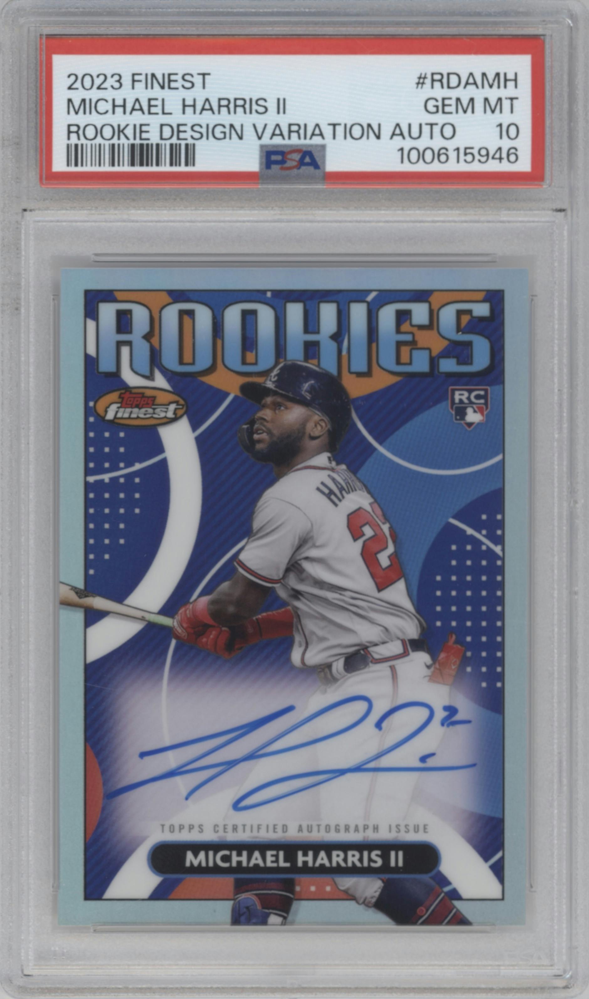 Michael Harris II from the 2023 Topps Finest set graded by PSA and given an overall grade of 10.