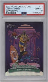 LeBron James from the 2023-24 Panini One and One set graded by PSA and given an overall grade of 10.