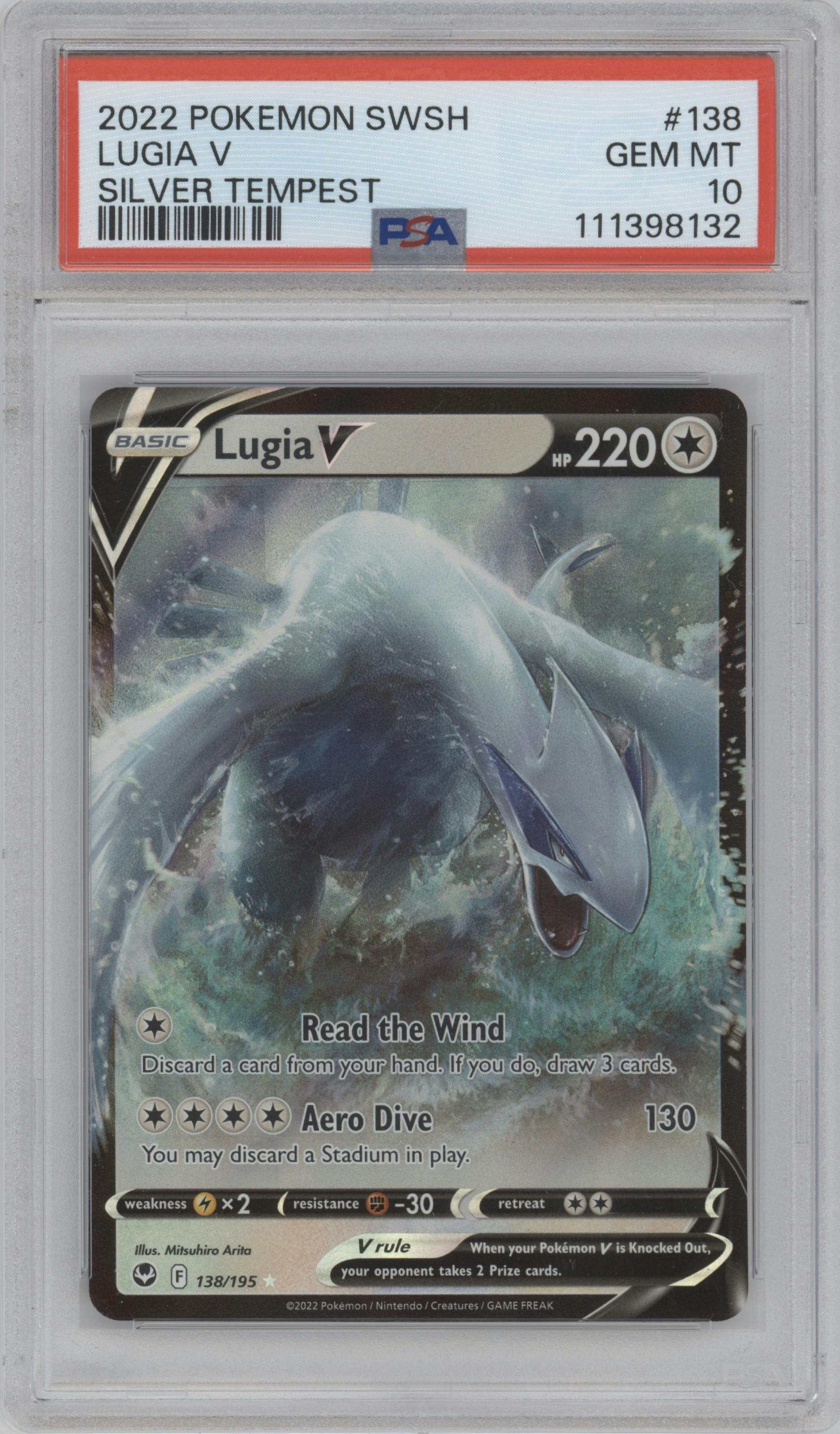 Lugia V from the 2022 Pokemon SWSH set graded by PSA and given an overall grade of 10.