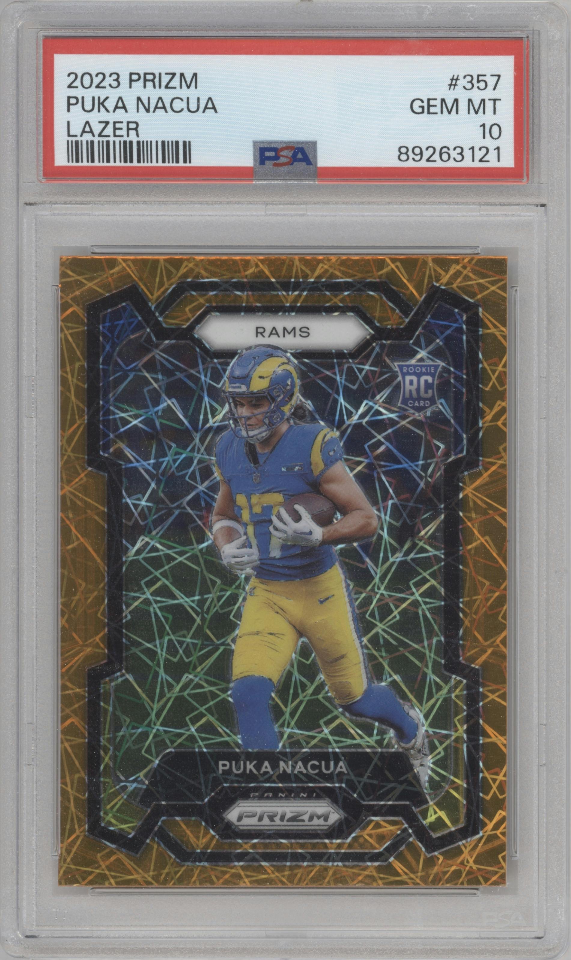 Puka Nacua from the 2023 Panini Prizm set featuring a Lazer parallel graded by PSA and given an overall grade of 10.