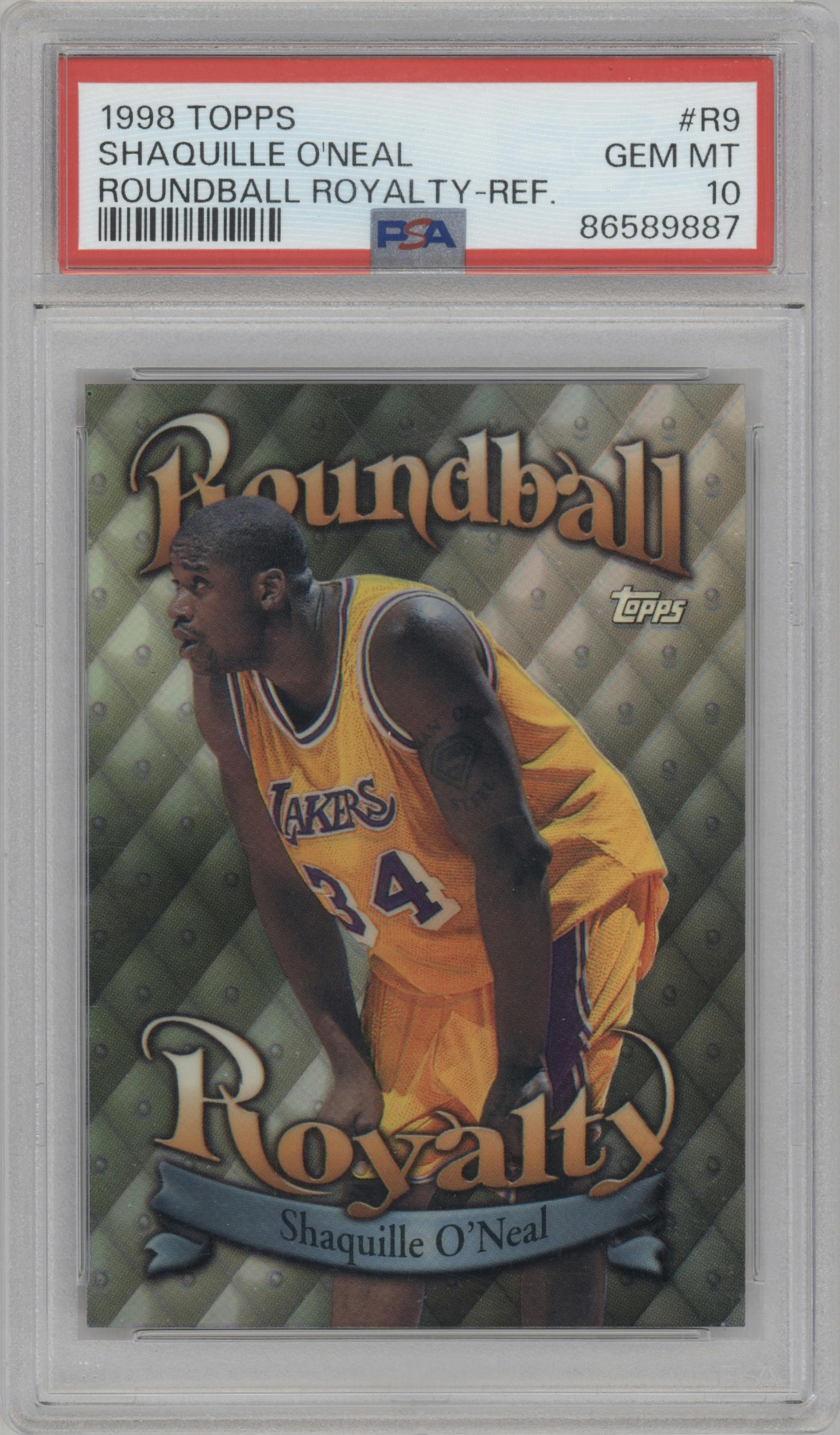 Shaquille O'Neal from the 1998-99 Topps set featuring a Refractor parallel graded by PSA and given an overall grade of 10.