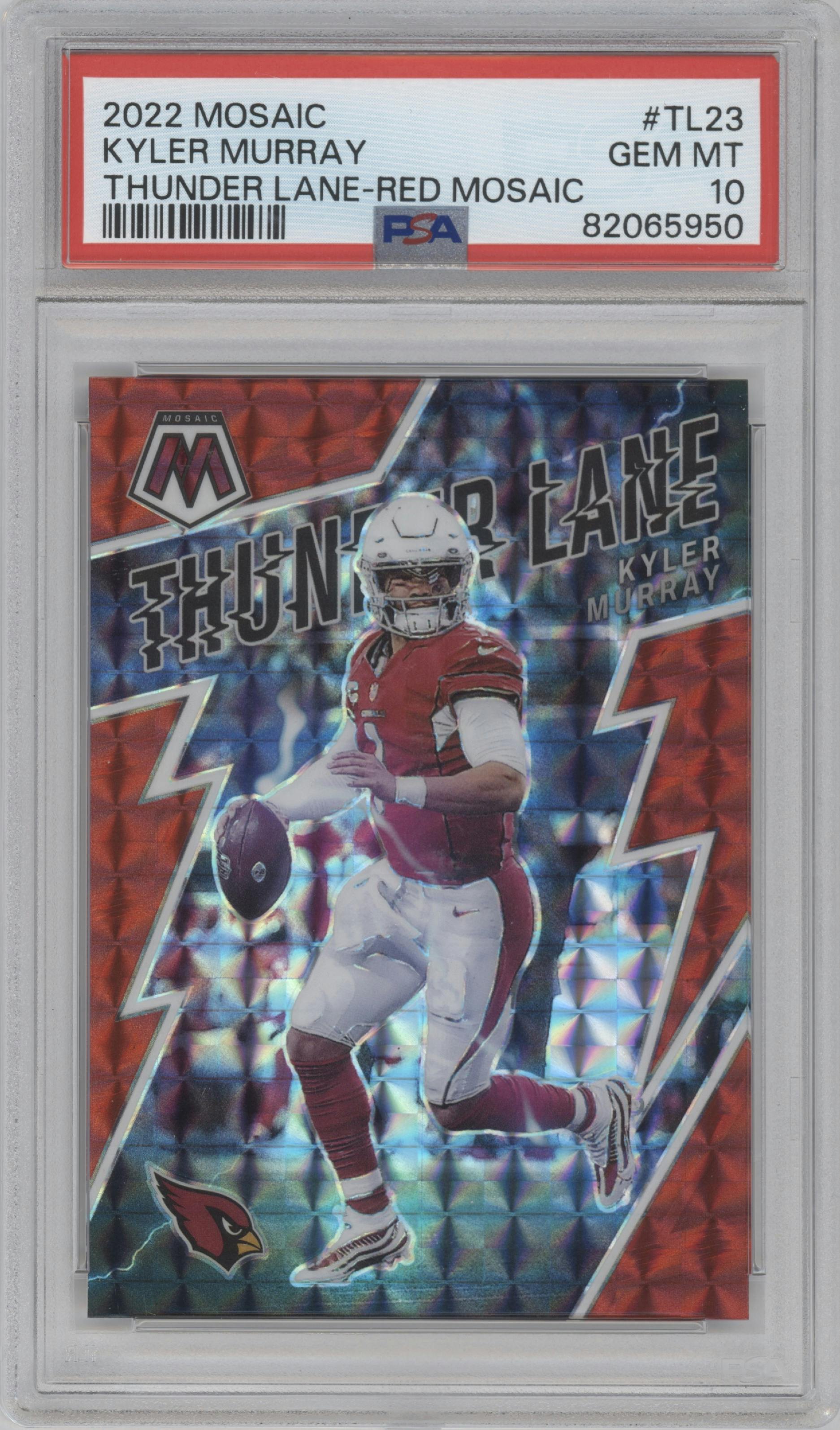 Kyler Murray from the 2022 Panini Mosaic set featuring a Red Mosaic parallel graded by PSA and given an overall grade of 10.