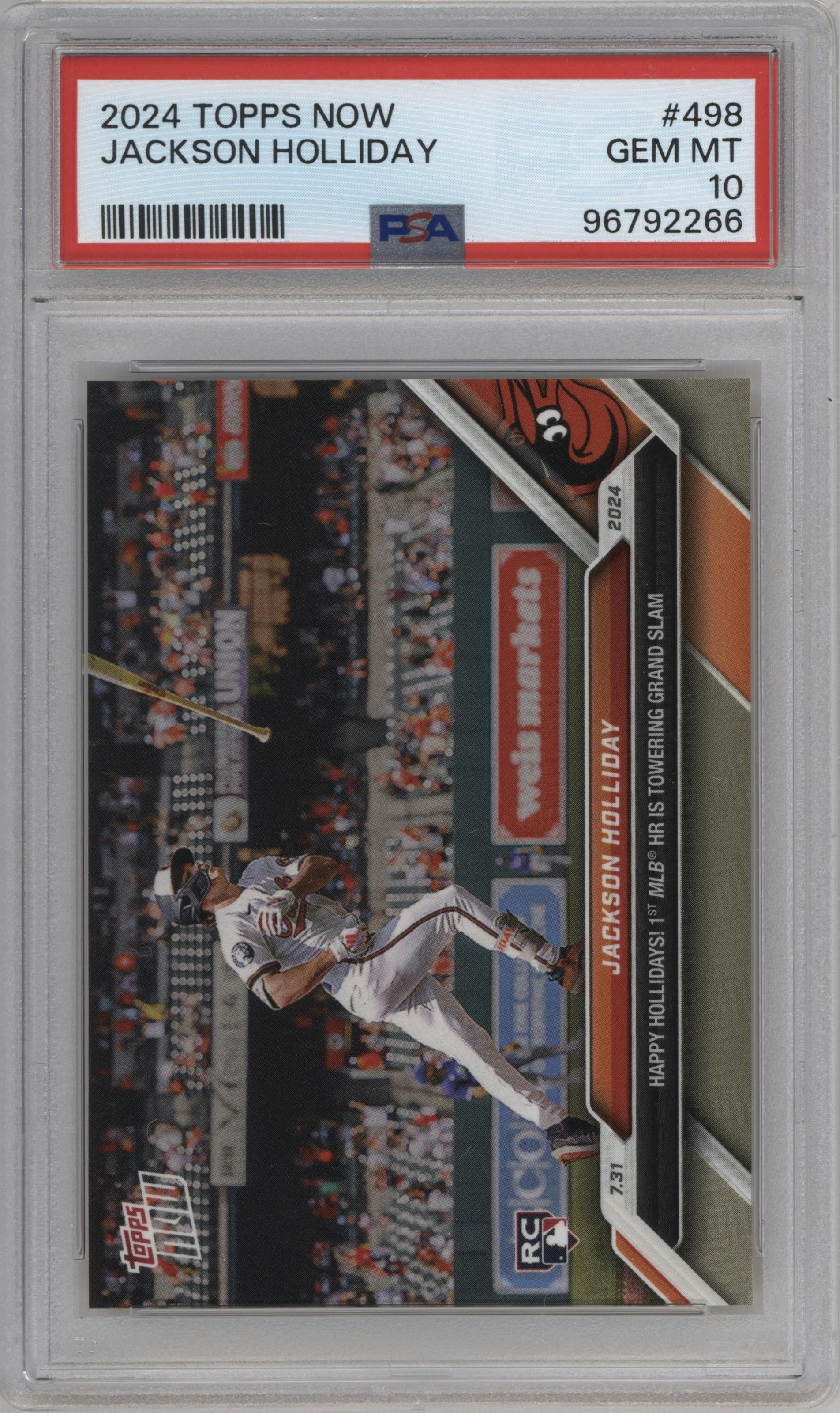 Jackson Holliday from the 2024 Topps Now set graded by PSA and given an overall grade of 10.