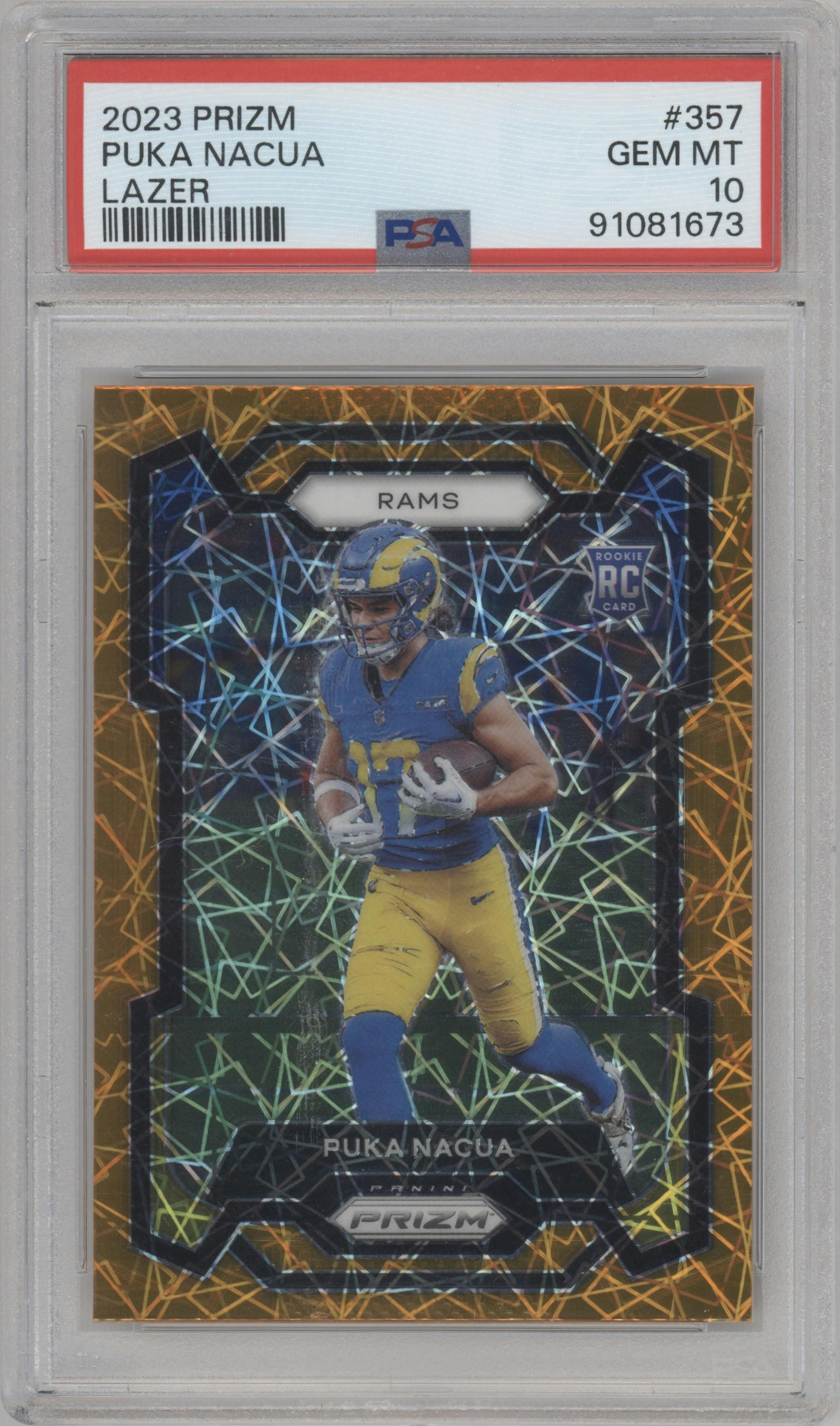 Puka Nacua from the 2023 Panini Prizm set featuring a Lazer parallel graded by PSA and given an overall grade of 10.