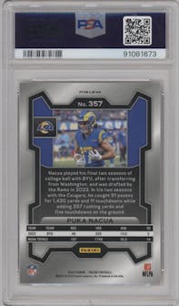 Puka Nacua from the 2023 Panini Prizm set featuring a Lazer parallel graded by PSA and given an overall grade of 10.