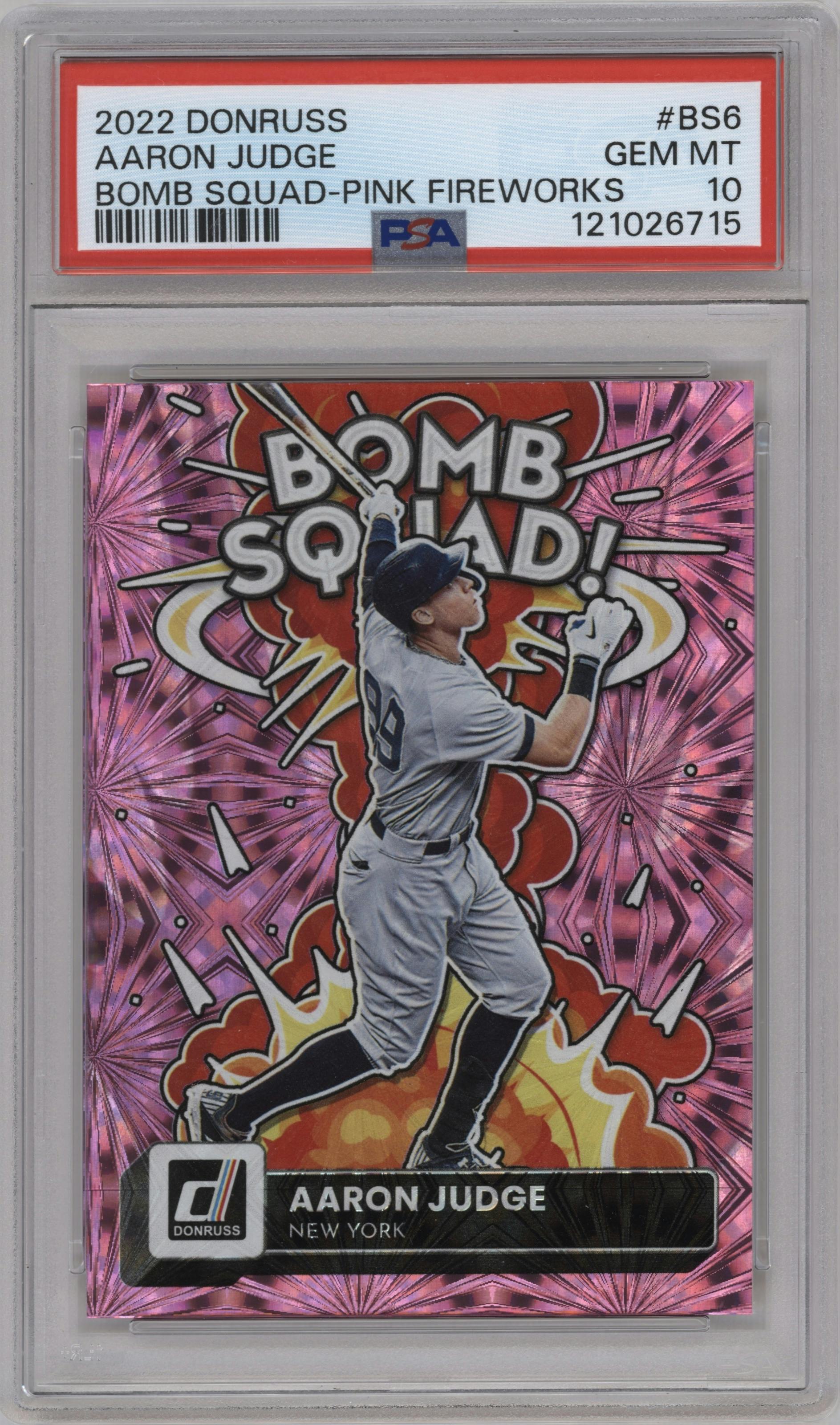 Aaron Judge from the 2022 Panini Donruss set featuring a Pink Fireworks parallel graded by PSA and given an overall grade of 10.