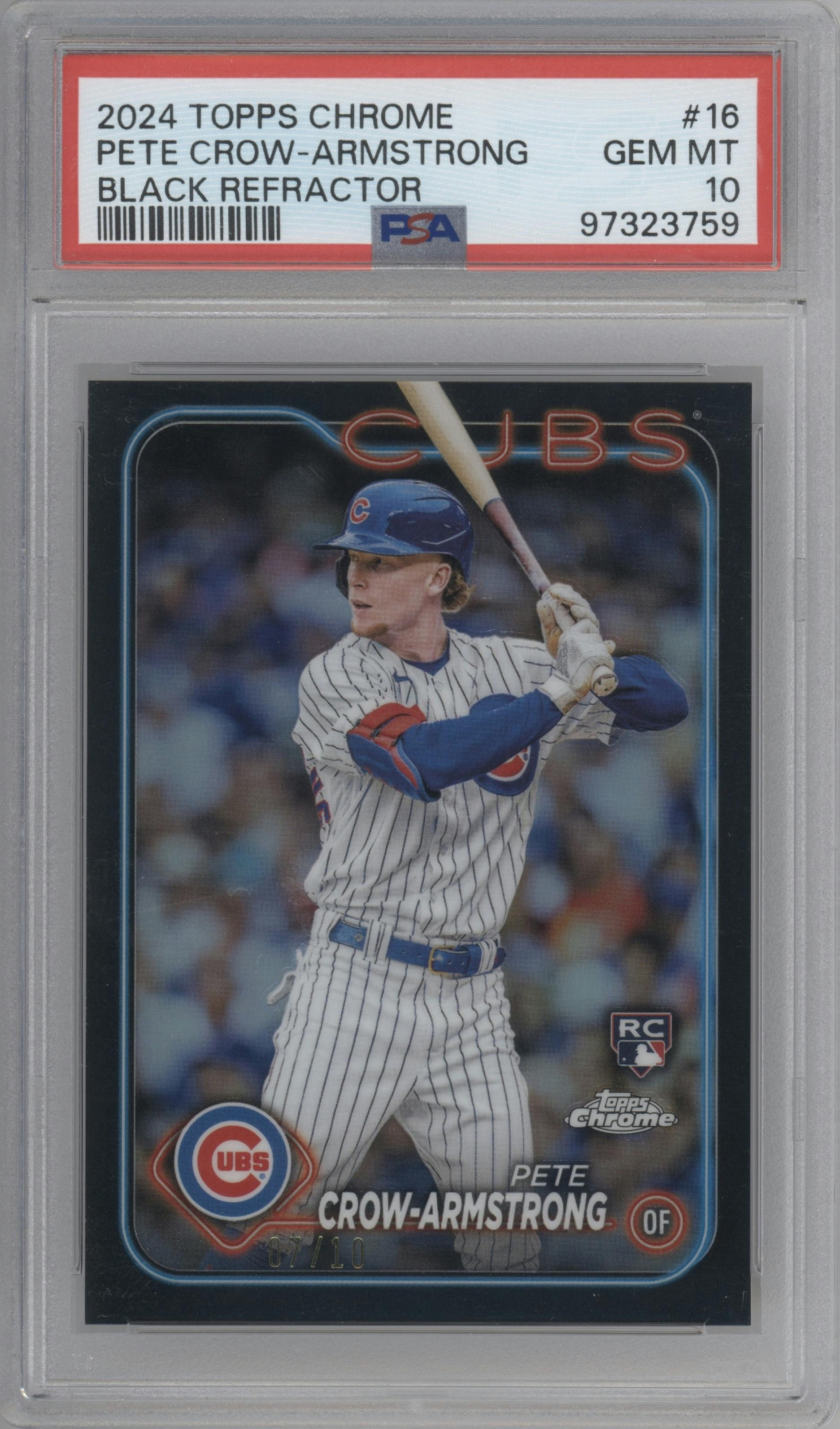 Pete Crow-Armstrong from the 2024 Topps Chrome set featuring a Black Refractor parallel graded by PSA and given an overall grade of 10.