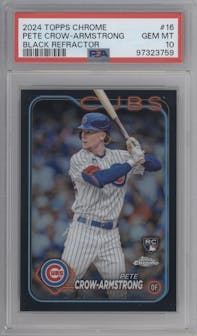 Pete Crow-Armstrong from the 2024 Topps Chrome set featuring a Black Refractor parallel graded by PSA and given an overall grade of 10.